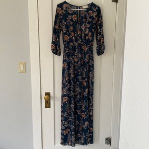 Long navy floral dress.